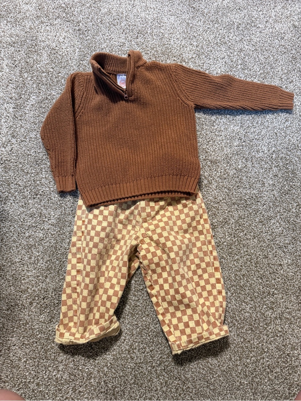 Toddler Wonder Nation Brown Knit Quarter-Zip Sweater & Zara Checkered Pants Set